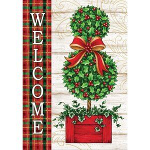 Welcome Holly Topiary Christmas Garden Flag Holiday Party Banner Winter Decor